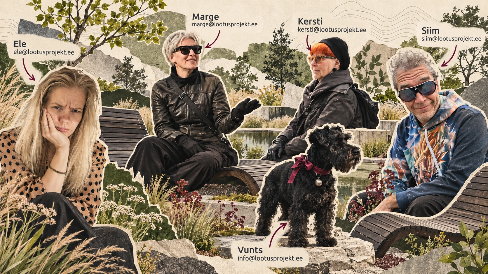 Lootusprojekti meeskonna stiliseeritud kollaaž: Ele, Marge, Kersti, Siim ja koer Vunts